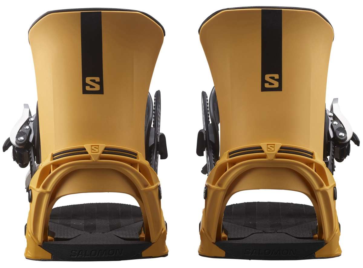 Salomon District Snowboard Binding 2022-2023 - A pair of yellow snowboard bindings with black accents and a black strap.