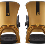 Salomon District Snowboard Binding 2022-2023 - A pair of yellow snowboard bindings with black accents and a black strap.