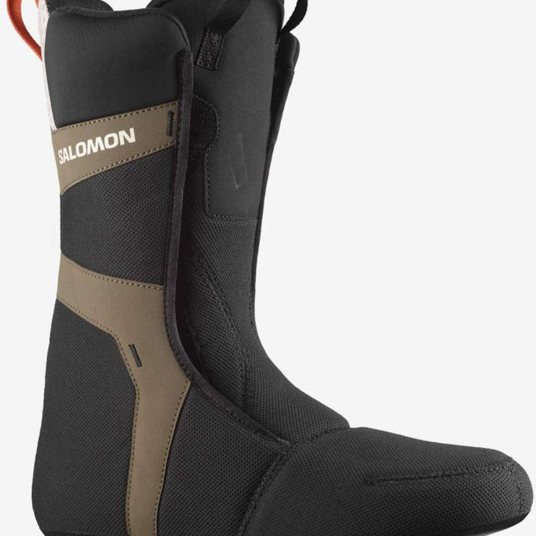 Salomon Echo Dual Boa Snowboard Boot 2023 - A black snowboard boot with a tan stripe and white lettering on the side.