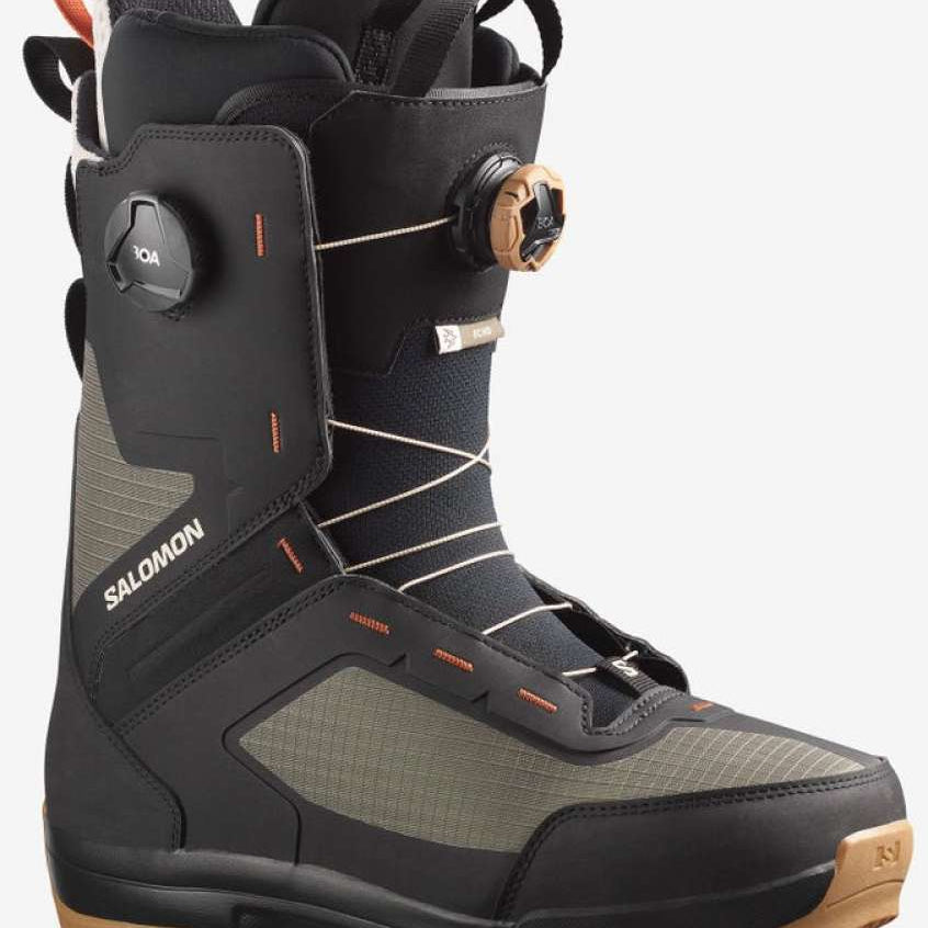 Salomon Echo Dual Boa Snowboard Boot 2023 - Black snowboard boots with orange accents and a textured rubber sole.