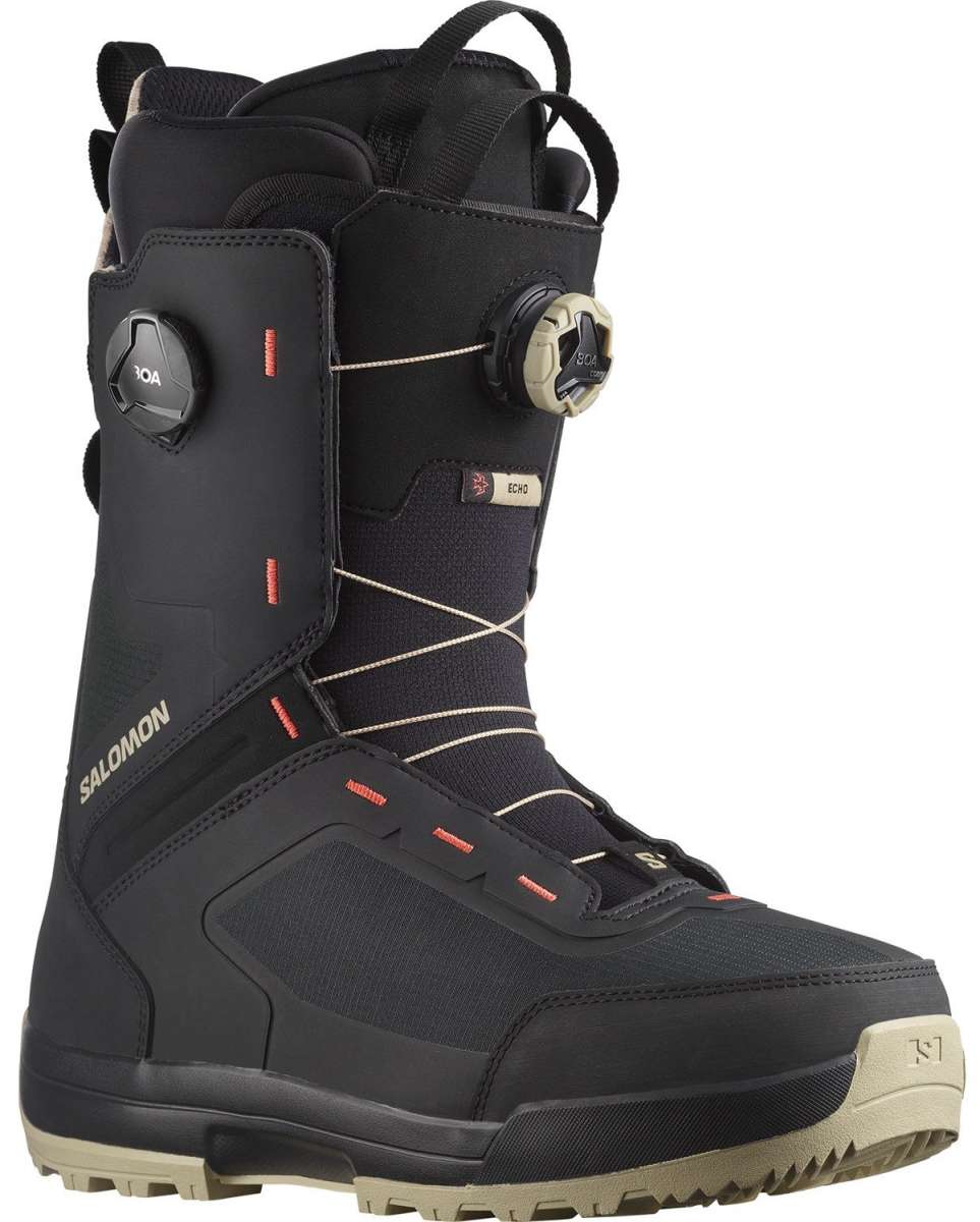 Salomon Echo Dual BOA Snowboard Boot 2024 - Black snowboard boots with a textured pattern on the toe and heel areas, featuring two round black BOA dials on each side.