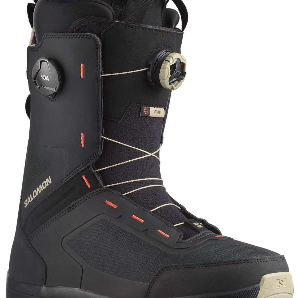 Salomon Echo Dual BOA Snowboard Boot 2024 - Black snowboard boots with a textured pattern on the toe and heel areas, featuring two round black BOA dials on each side.