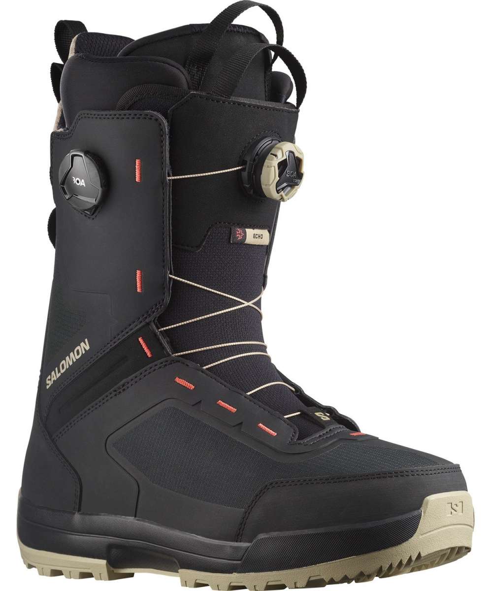 Salomon Echo Dual BOA Wide Snowboard Boots 2024 - Black snowboard boots with white laces and a black BOA dial on top.