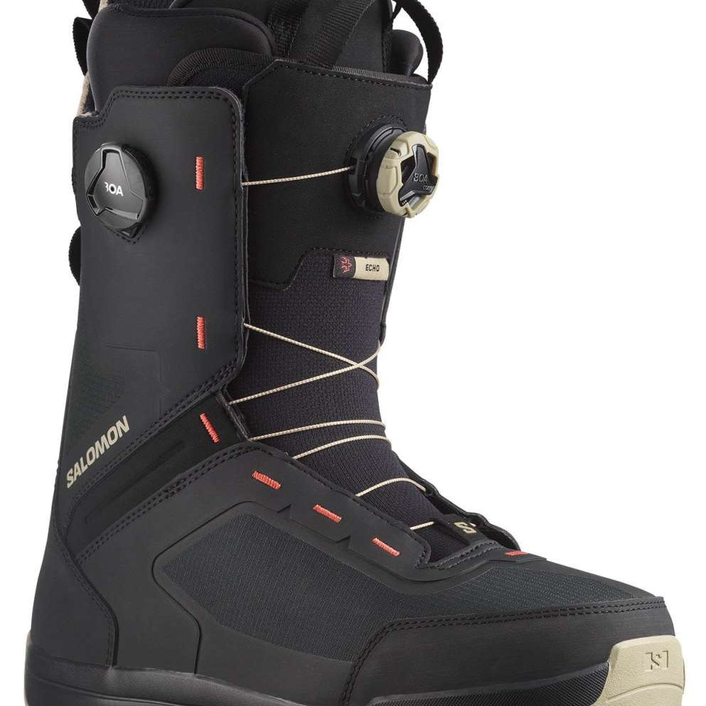 Salomon Echo Dual BOA Wide Snowboard Boots 2024 - Black snowboard boots with white laces and a black BOA dial on top.