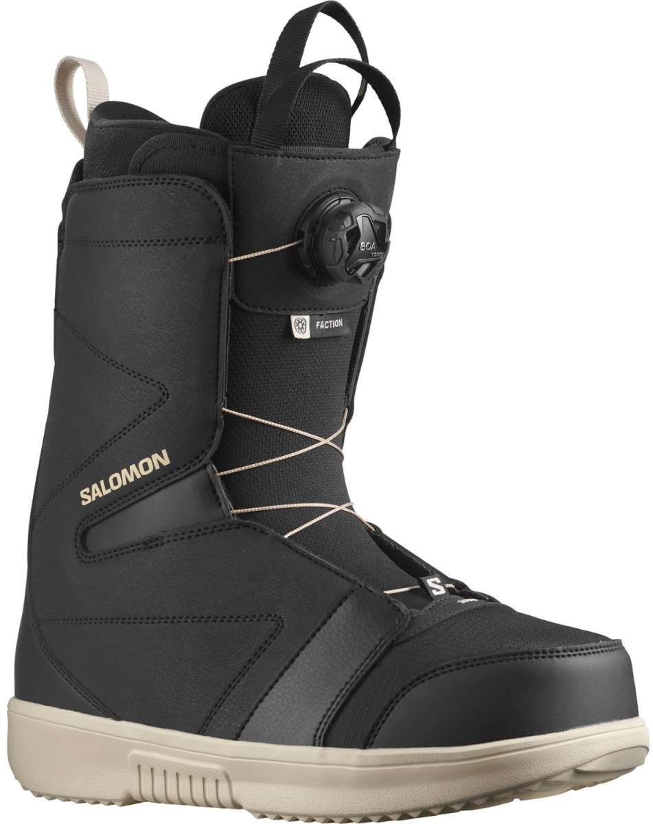 Salomon Faction BOA Snowboard Boots 2024 - Black snowboard boots with white laces and a black BOA dial on top.