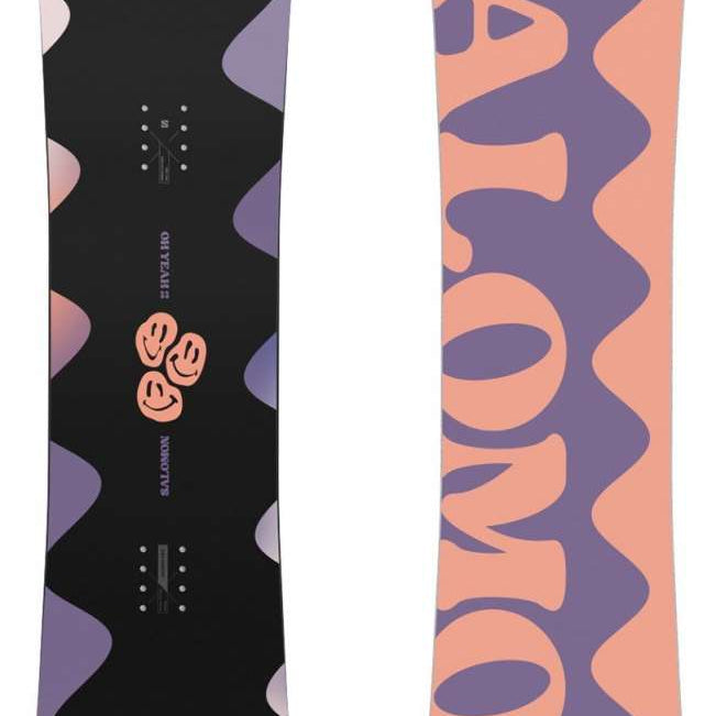Salomon Girls Oh Yeah Grom Snowboard 2024 - A black snowboard with a wavy purple and pink pattern on top.