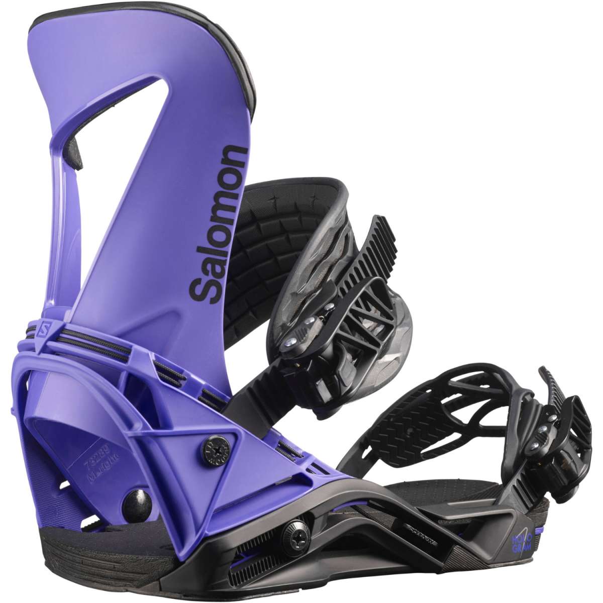 Salomon Hologram Snowboard Binding 2023 - A purple snowboard binding with black straps and buckles, featuring a geometric pattern on the side.