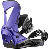 Salomon Hologram Snowboard Binding 2023 - A purple snowboard binding with black straps and buckles, featuring a geometric pattern on the side.