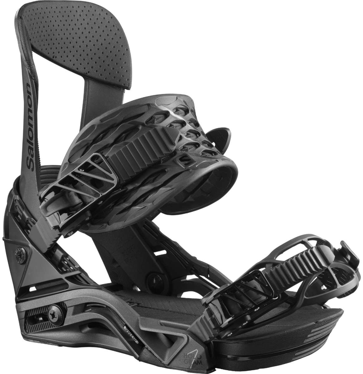 Salomon Hologram Snowboard Binding 2023 - A black snowboard binding with a textured strap and a circular logo on the side.