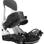 Salomon Hologram Snowboard Binding 2023 - A white snowboard binding with black straps and buckles, featuring a distinctive holographic design on the baseplate.