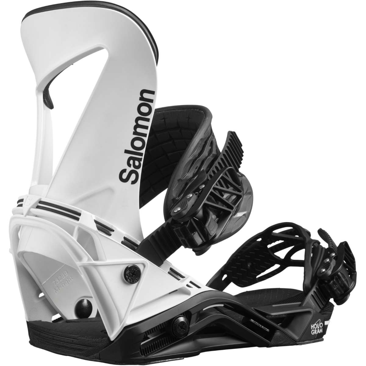 Salomon Hologram Snowboard Binding 2023 - A white snowboard binding with black accents and a distinctive holographic pattern on the straps.