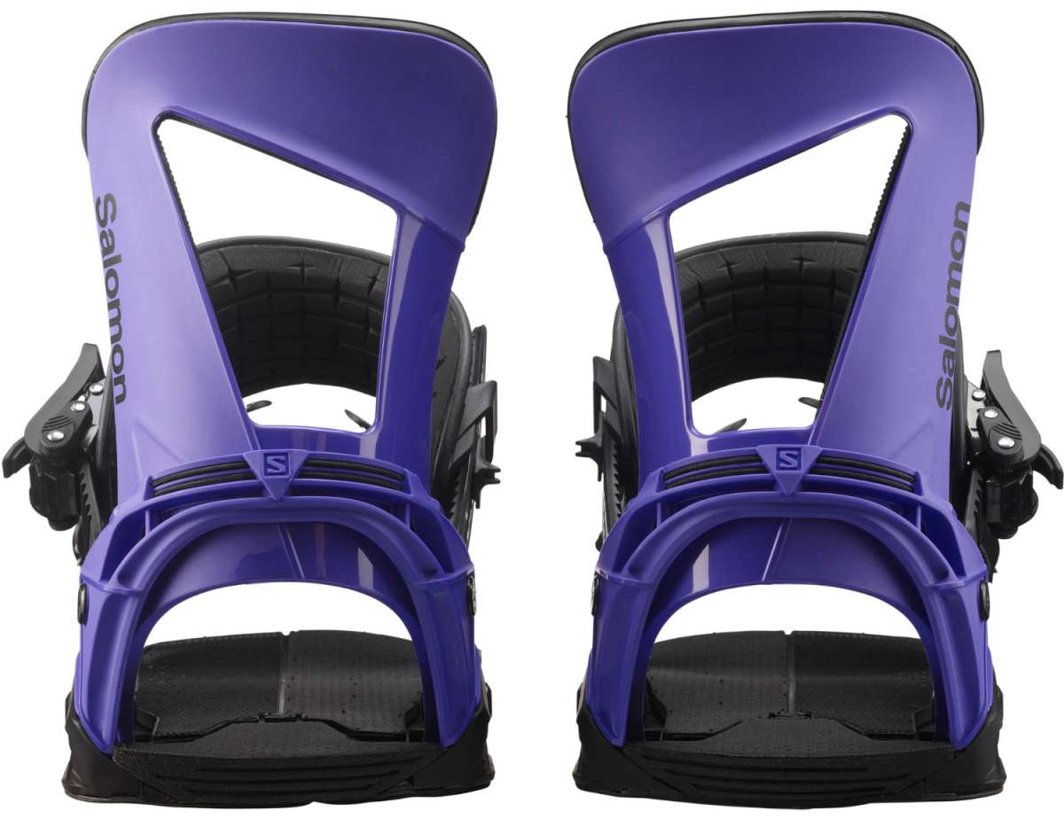 Salomon Hologram Snowboard Binding 2023 - A purple snowboard binding with a black strap and buckle.