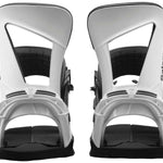 Salomon Hologram Snowboard Binding 2023 - A white snowboard binding with a holographic pattern on the straps and buckles.