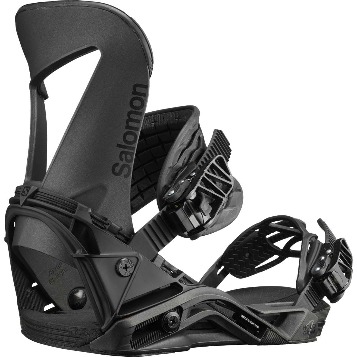 Salomon Hologram Snowboard Binding 2023 - A black snowboard binding with a textured strap and a circular logo on the side.