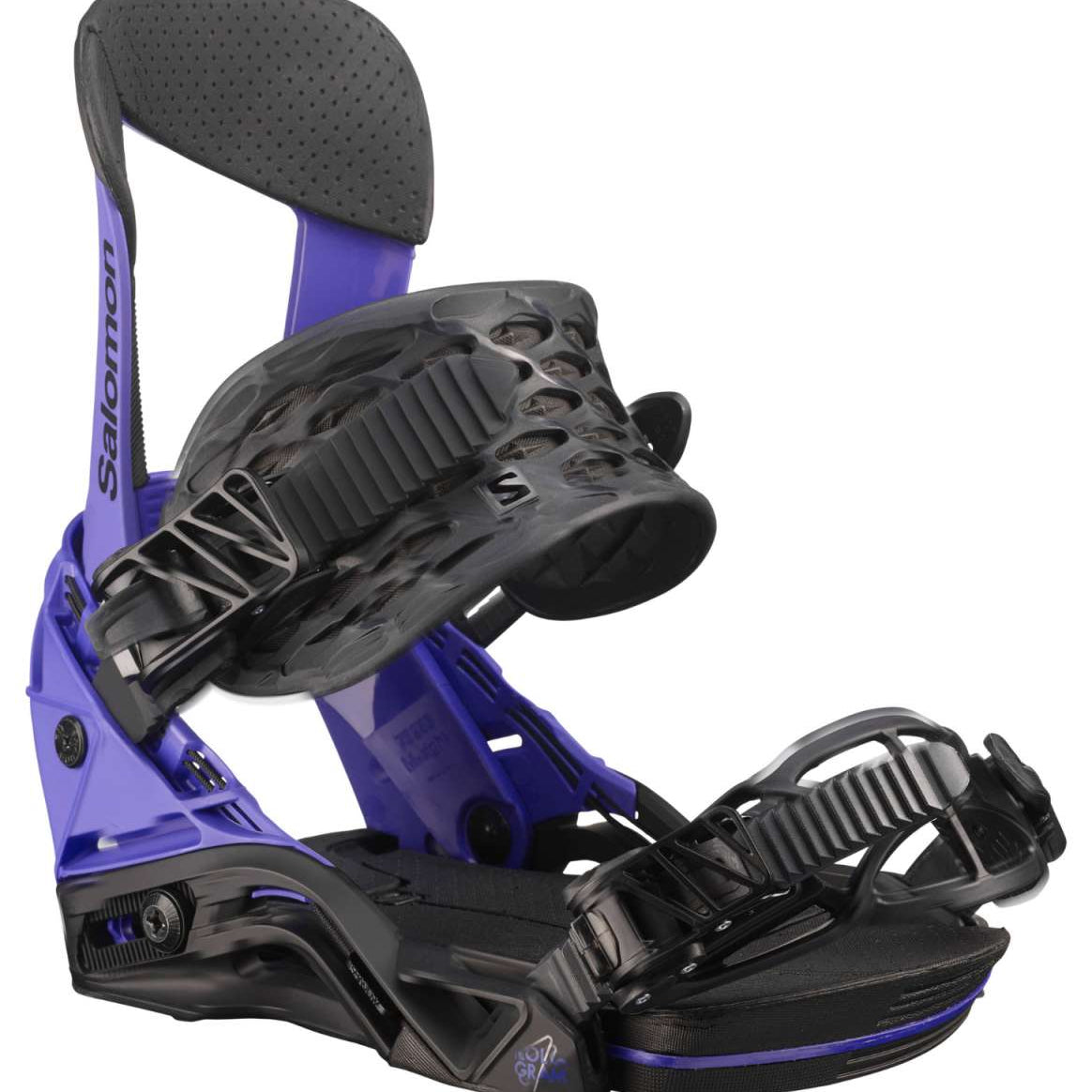 Salomon Hologram Snowboard Binding 2023 - A purple snowboard binding with a black strap and buckle, featuring a textured pattern on the baseplate.