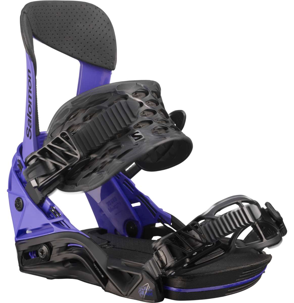 Salomon Hologram Snowboard Binding 2023 - A purple snowboard binding with a black strap and buckle, featuring a textured pattern on the baseplate.