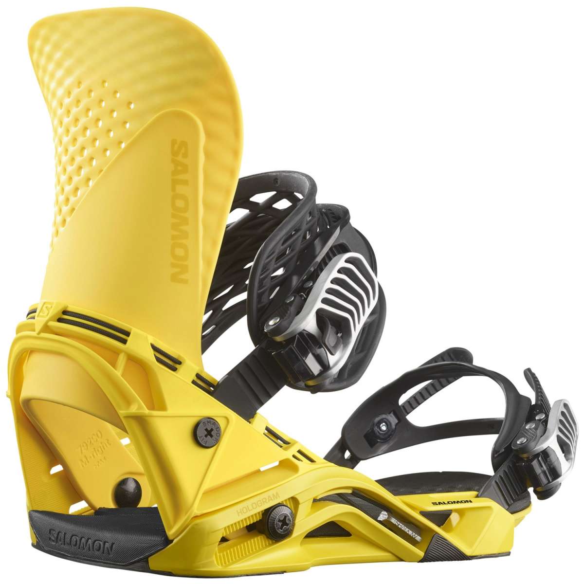 Salomon Hologram Snowboard Bindings 2024 - Yellow bindings with black buckles and straps.