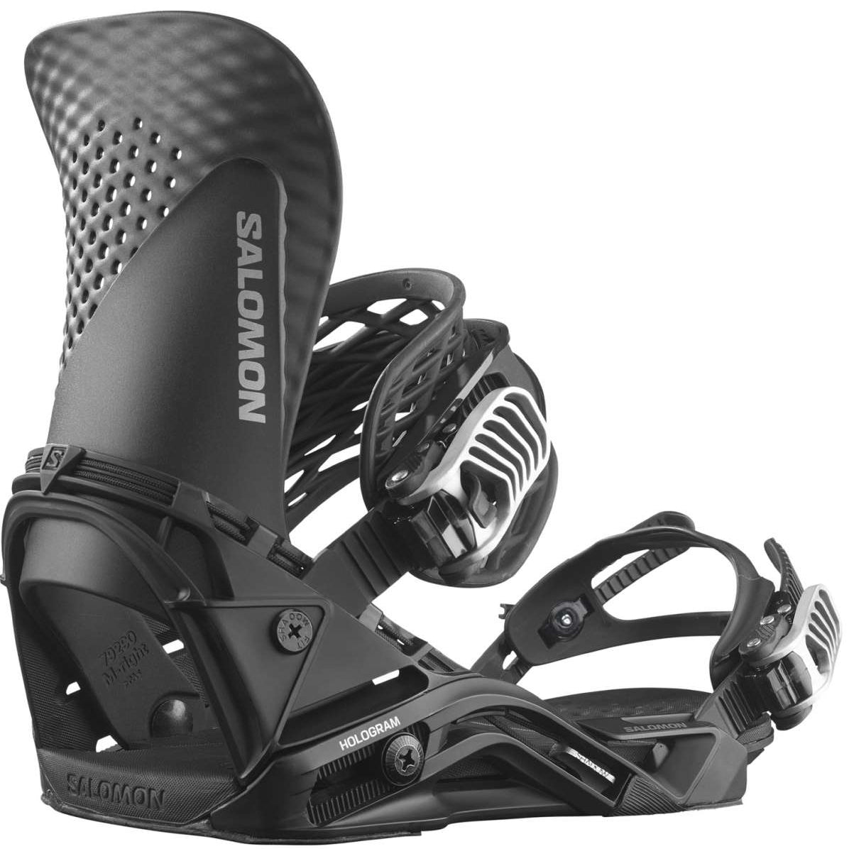Salomon Hologram Snowboard Bindings 2024 - Black bindings with silver hardware and a textured pattern on the straps.