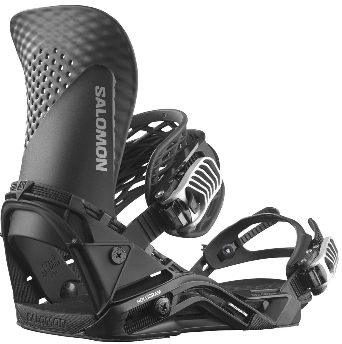 Salomon Hologram Snowboard Bindings 2024 - Black bindings with silver hardware and a textured pattern on the straps.