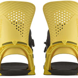 Salomon Hologram Snowboard Bindings 2024 - A pair of yellow snowboard bindings with a textured surface and perforated top plate, featuring the word "SALOMON" in small letters on the side.