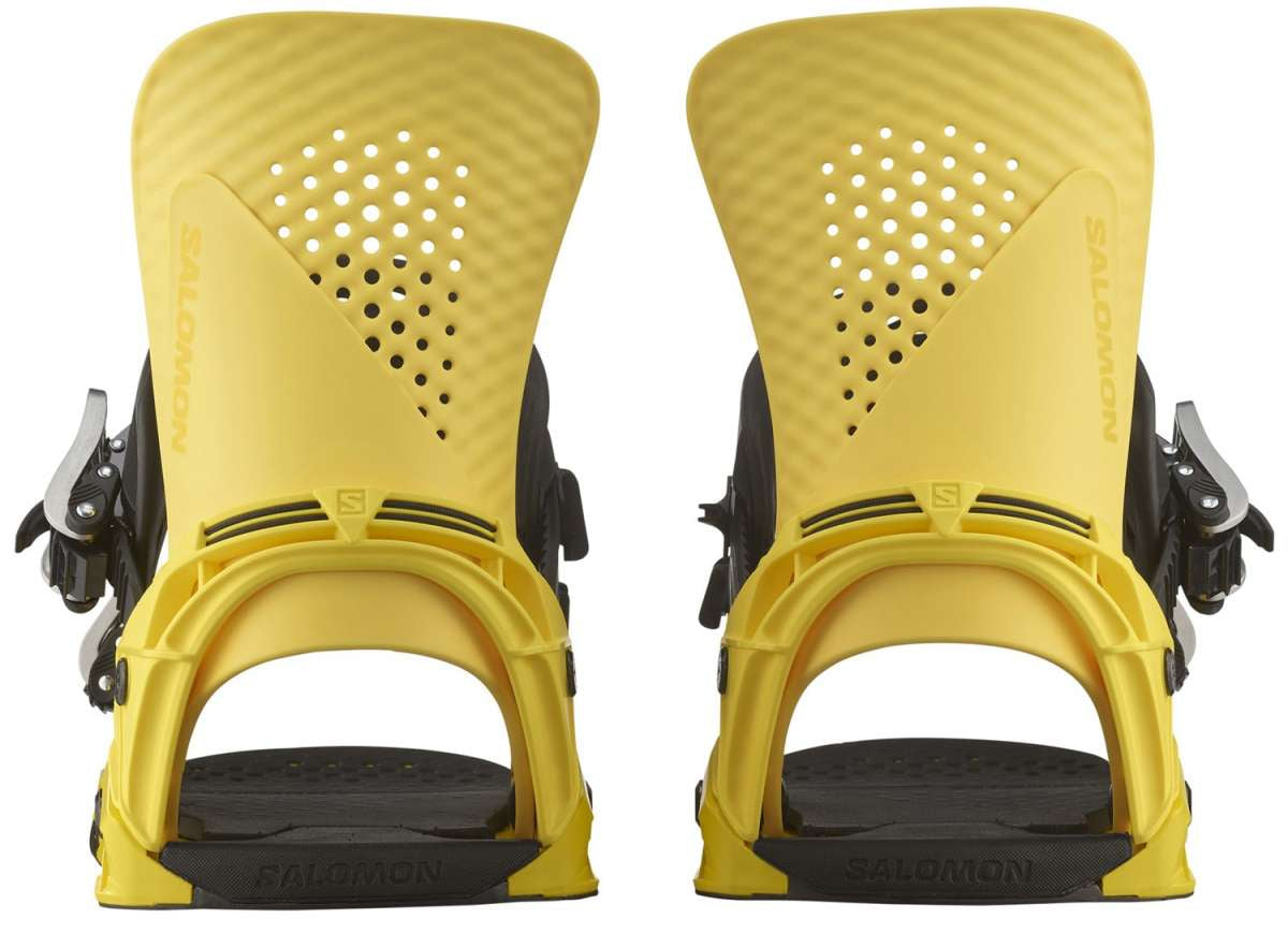 Salomon Hologram Snowboard Bindings 2024 - A pair of yellow snowboard bindings with a textured surface and perforated top plate, featuring the word "SALOMON" in small letters on the side.