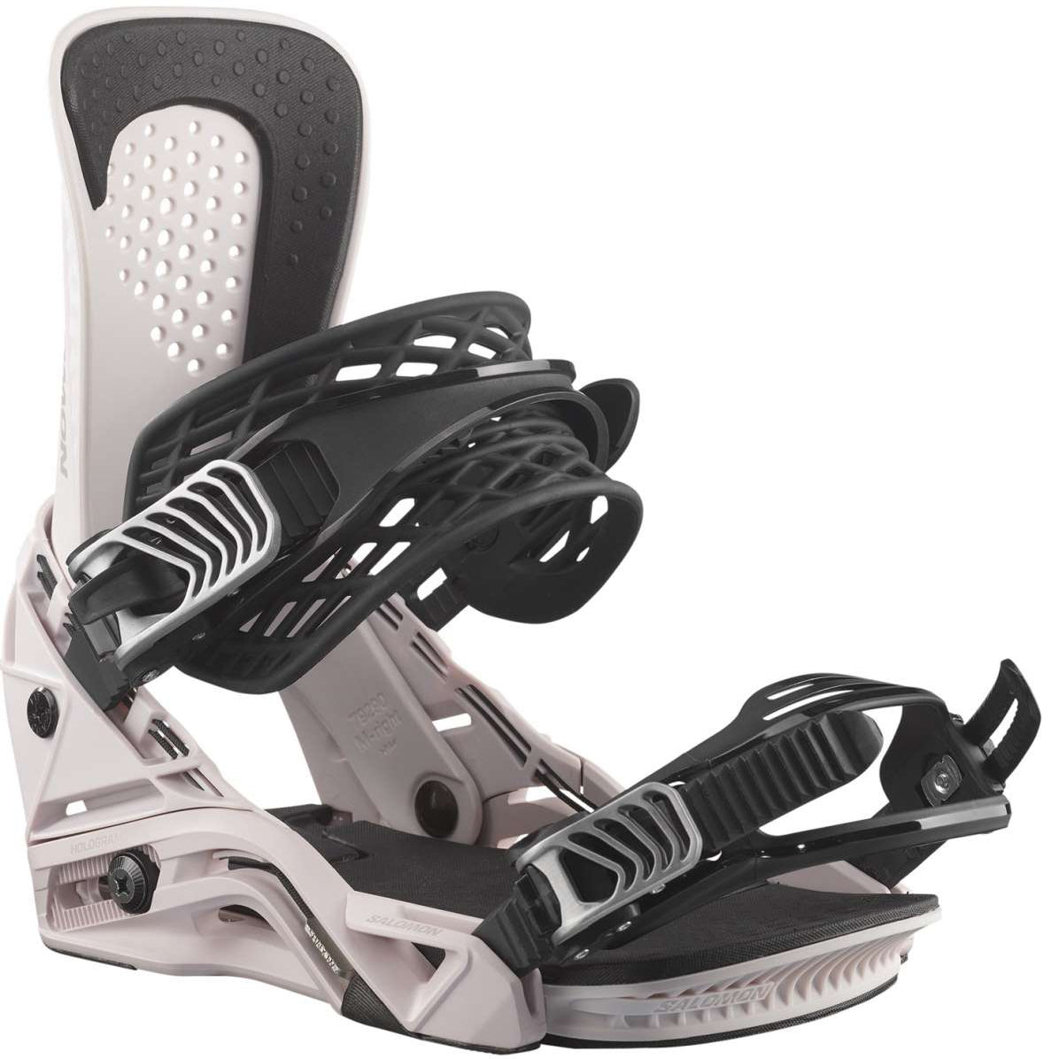 Salomon Hologram Snowboard Bindings 2024 - A pair of snowboard bindings with a predominantly black base and silver accents, featuring a holographic pattern on the straps.
