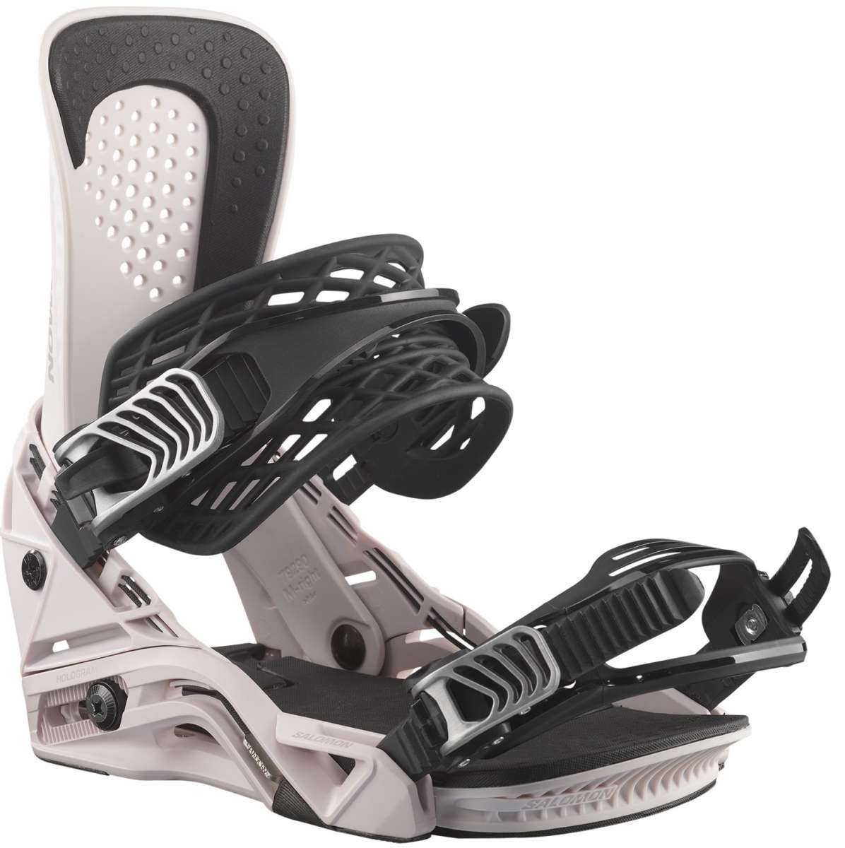 Salomon Hologram Snowboard Bindings 2024 - A pair of snowboard bindings with a predominantly black base and silver accents, featuring a holographic pattern on the straps.