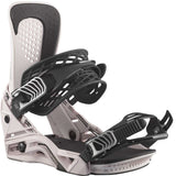 Salomon Hologram Snowboard Bindings 2024 - A pair of snowboard bindings with a predominantly black base and silver accents, featuring a holographic pattern on the straps.