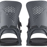Salomon Hologram Snowboard Bindings 2024 - A pair of black snowboard bindings with a textured, diamond-shaped pattern on the straps and buckles.