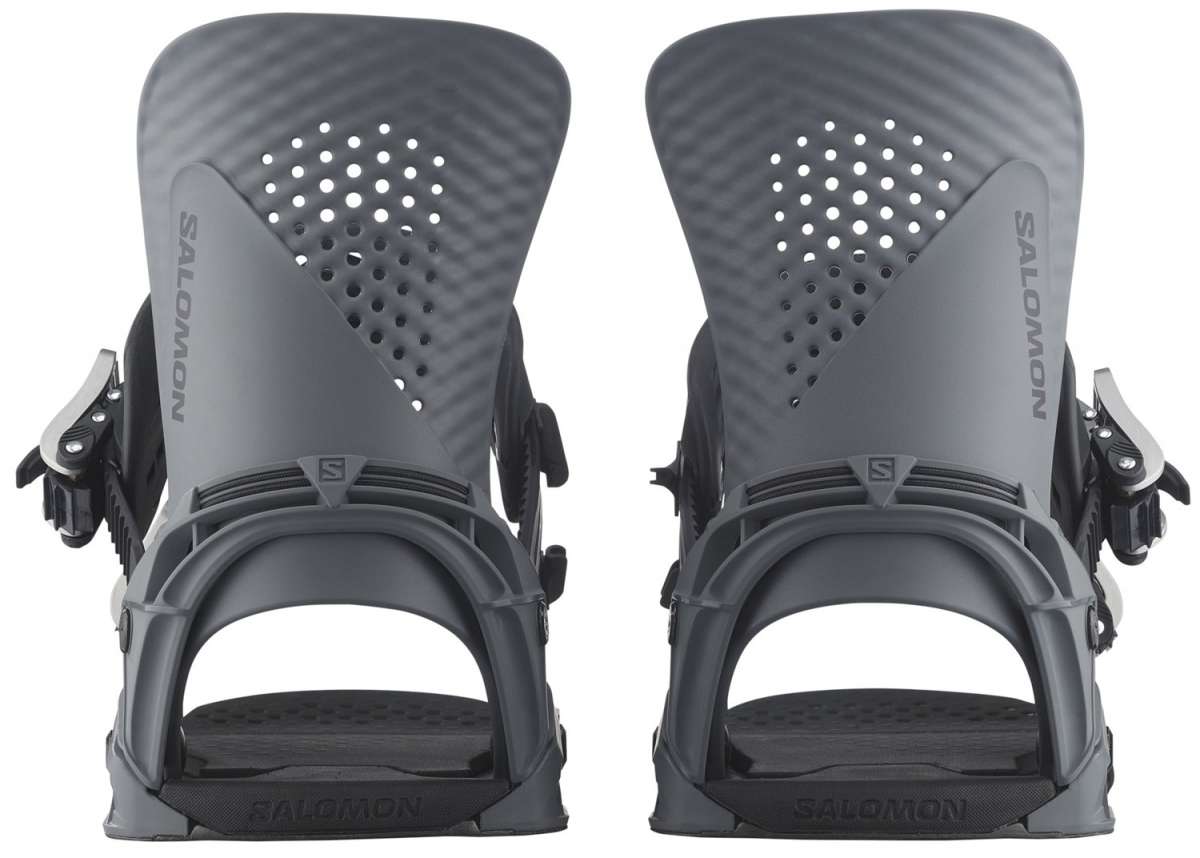 Salomon Hologram Snowboard Bindings 2024 - A pair of black snowboard bindings with a textured, diamond-shaped pattern on the straps and buckles.