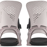 Salomon Hologram Snowboard Bindings 2024 - A pair of snowboard bindings with a predominantly white color scheme, featuring a textured pattern on the top plate and black buckles.