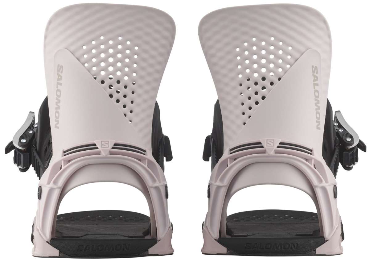 Salomon Hologram Snowboard Bindings 2024 - A pair of snowboard bindings with a predominantly white color scheme, featuring a textured pattern on the top plate and black buckles.