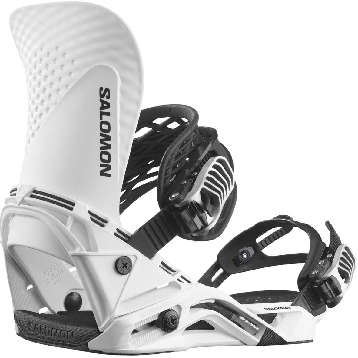 Salomon Hologram Snowboard Bindings 2024 - A pair of white snowboard bindings with black buckles and straps, featuring a holographic pattern on the baseplate.