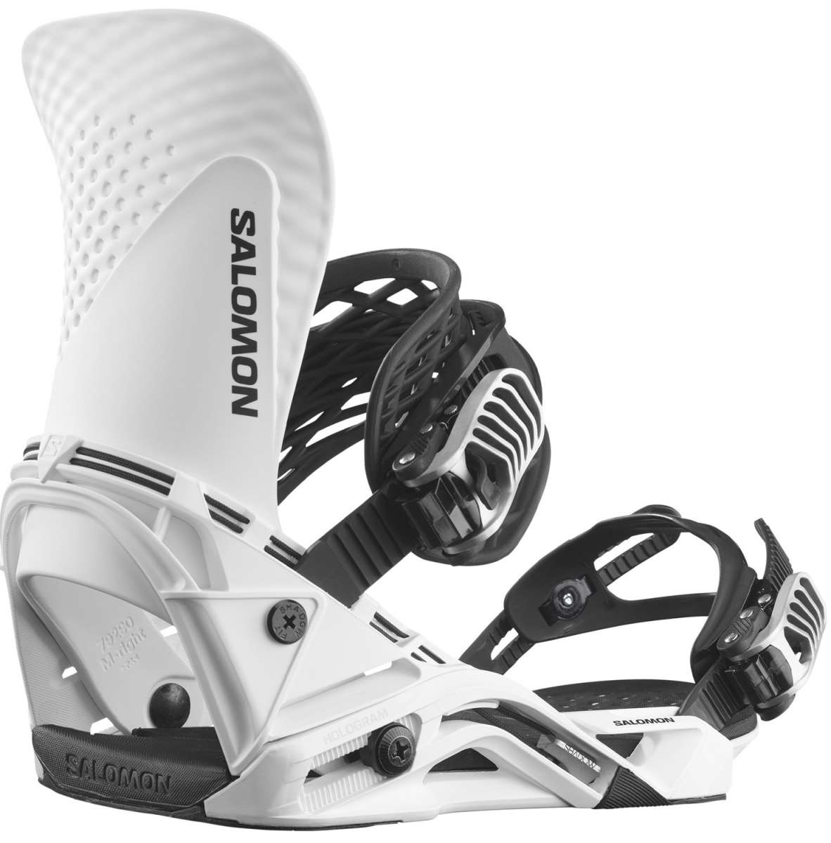 Salomon Hologram Snowboard Bindings 2024 - A pair of white snowboard bindings with black buckles and straps, featuring a holographic pattern on the baseplate.