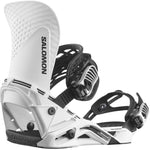 Salomon Hologram Snowboard Bindings 2024 - A pair of white snowboard bindings with black buckles and straps, featuring a holographic pattern on the baseplate.