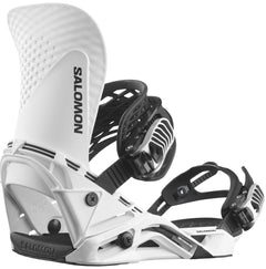 Salomon Hologram Snowboard Bindings 2024 - A pair of white snowboard bindings with black buckles and straps, featuring a holographic pattern on the baseplate.