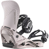 Salomon Hologram Snowboard Bindings 2024 - A pair of white snowboard bindings with black buckles and straps, featuring a holographic design on the baseplate.