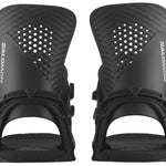 Salomon Hologram Snowboard Bindings 2024 - Black bindings with silver buckles and a holographic pattern on top of the footbed.