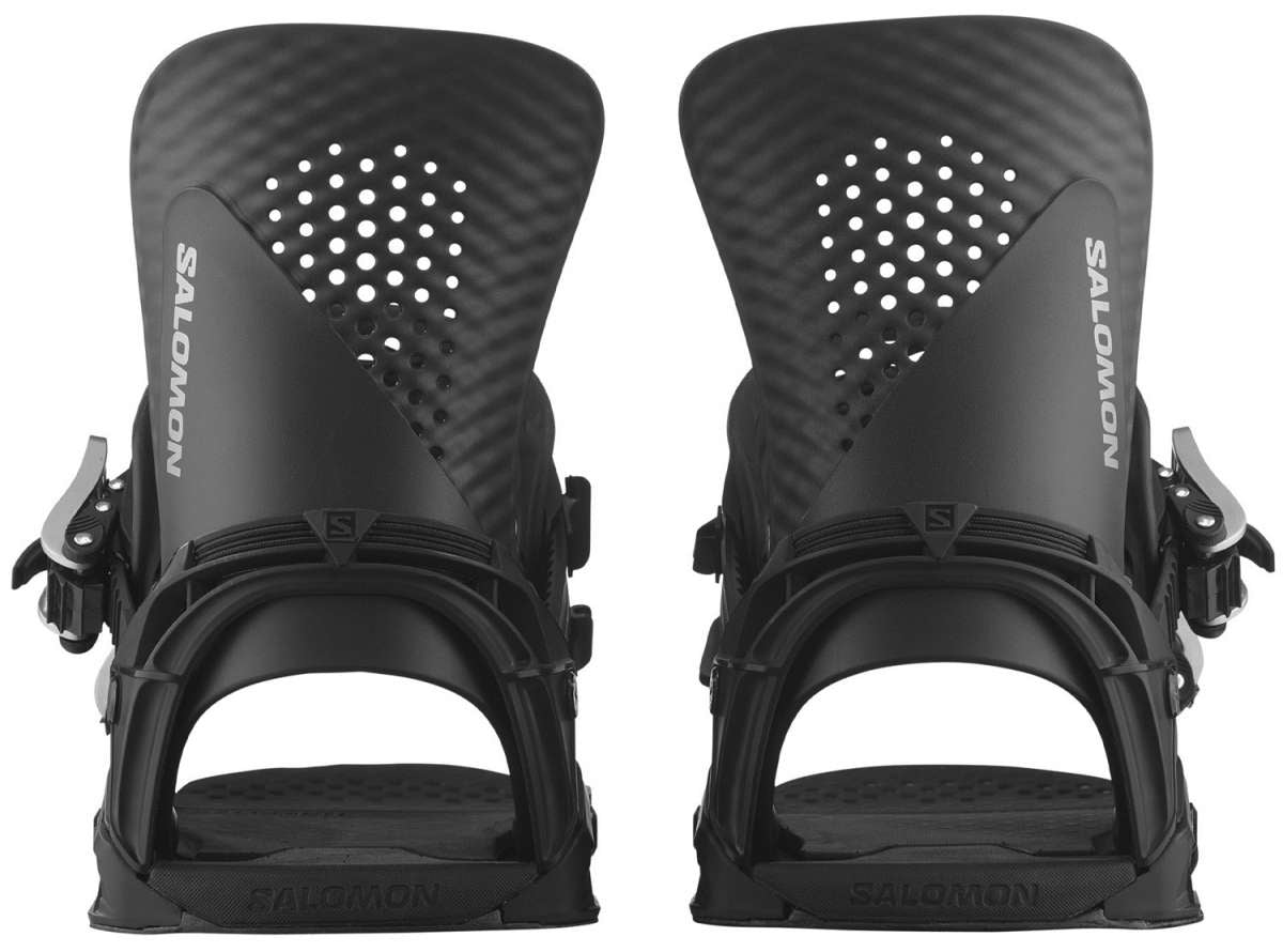 Salomon Hologram Snowboard Bindings 2024 - Black bindings with silver buckles and a holographic pattern on top of the footbed.