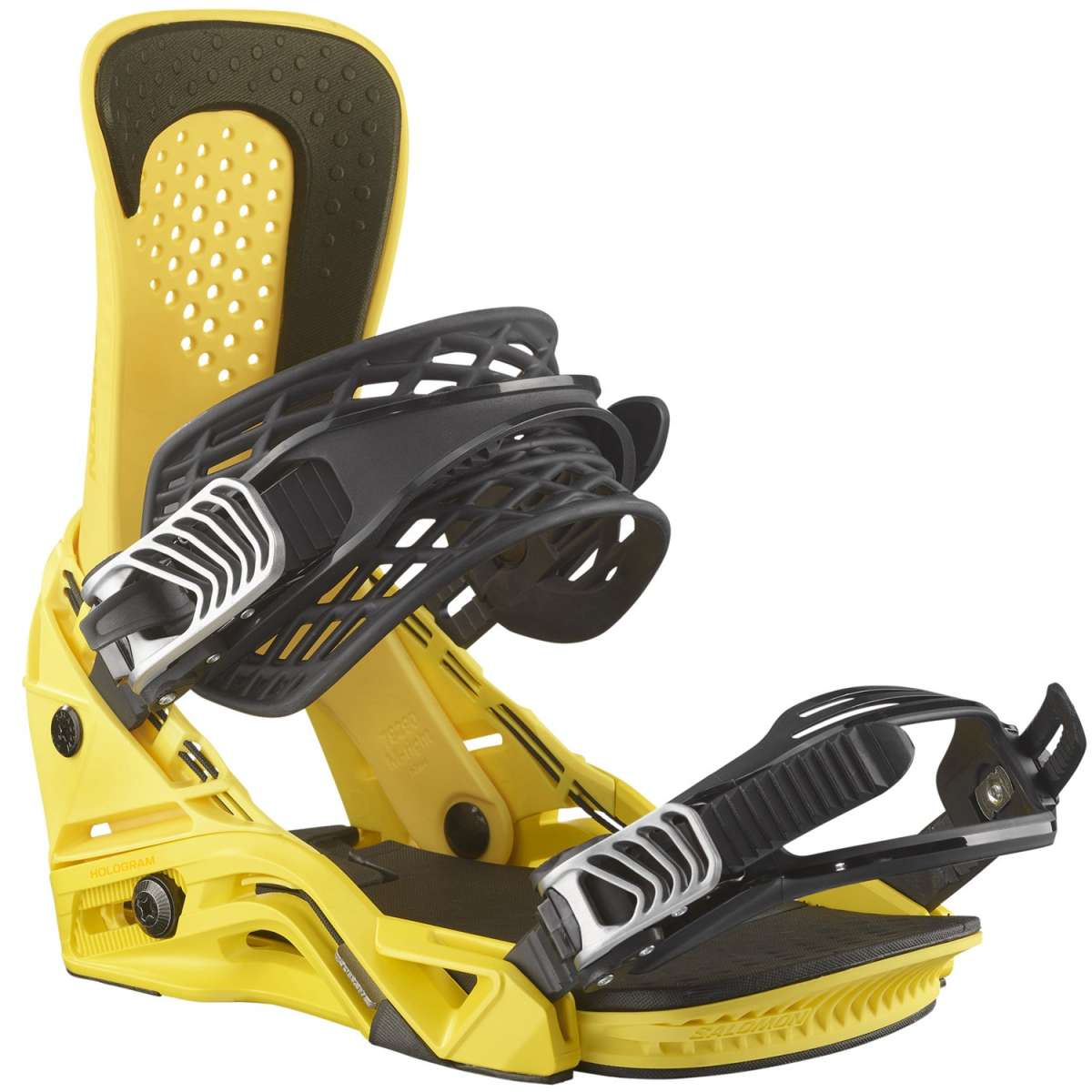 Salomon Hologram Snowboard Bindings 2024 - Yellow bindings with black straps and buckles, featuring a textured pattern on the baseplate.