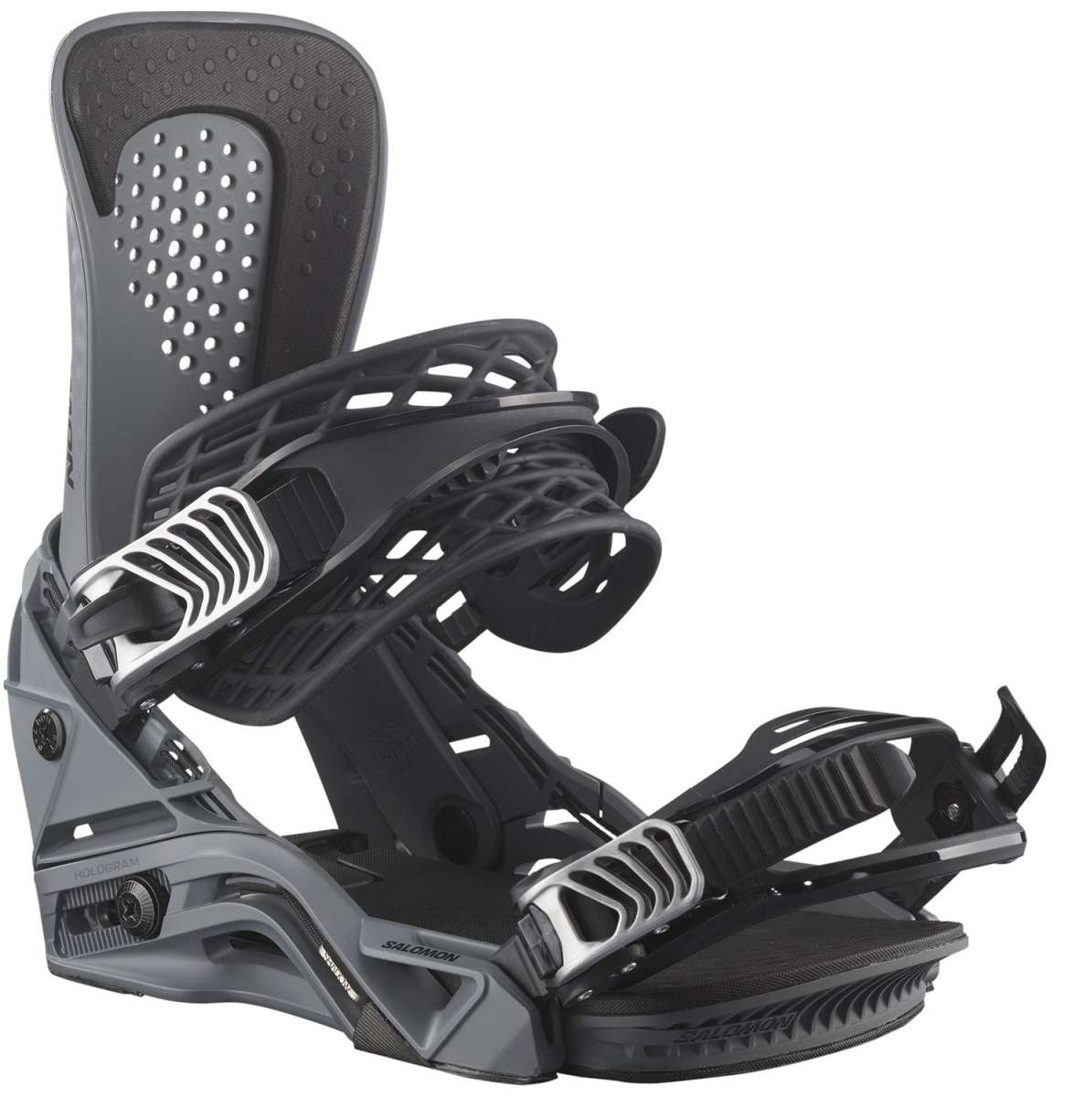 Salomon Hologram Snowboard Bindings 2024 - A pair of black snowboard bindings with silver buckles and straps.
