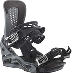 Salomon Hologram Snowboard Bindings 2024 - A pair of black snowboard bindings with silver buckles and straps.