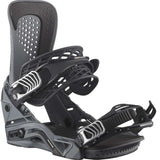 Salomon Hologram Snowboard Bindings 2024 - A pair of black snowboard bindings with silver buckles and straps.