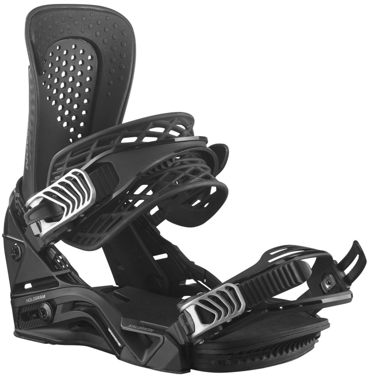 Salomon Hologram Snowboard Bindings 2024 - Black bindings with silver buckles and straps.