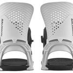 Salomon Hologram Snowboard Bindings 2024 - A pair of white snowboard bindings with black buckles and straps, featuring a textured pattern on the top plate.