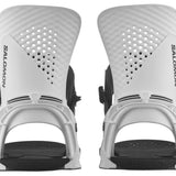 Salomon Hologram Snowboard Bindings 2024 - A pair of white snowboard bindings with black buckles and straps, featuring a textured pattern on the top plate.