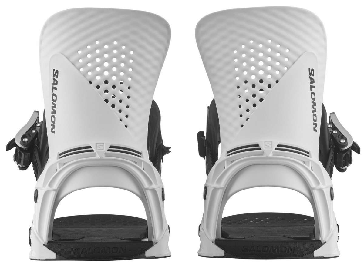 Salomon Hologram Snowboard Bindings 2024 - A pair of white snowboard bindings with black buckles and straps, featuring a textured pattern on the top plate.