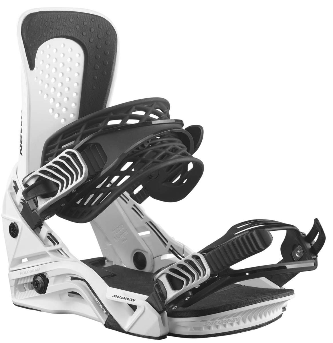 Salomon Hologram Snowboard Bindings 2024 - A pair of white snowboard bindings with black straps and buckles, featuring a textured pattern on the baseplate.