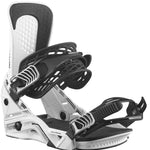 Salomon Hologram Snowboard Bindings 2024 - A pair of white snowboard bindings with black straps and buckles, featuring a textured pattern on the baseplate.