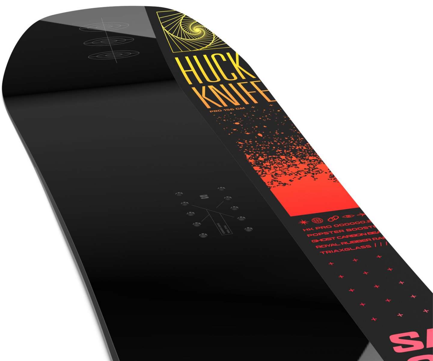 Salomon Huck Knife Pro Snowboard 2024 - Black snowboard with yellow and orange lettering on top.